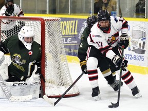 Nolan Gagnier (17) of the Mitchell Hawks drives around the net while being chased by Malcolm Skeete (13) of the Mount Forest Patriots during action of their PJHL Pollock division regular season action Dec. 5 in Mitchell. The Hawks capped a perfect three-win weekend with a 3-2 overtime triumph. ANDY BADER/MITCHELL ADVOCATE