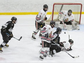 Sarnia Legionnaires goalie Ethan Everaert prepares for a shot from the Komoka Kings at Sarnia Arena in Sarnia, Ont., on Thursday, Dec. 2, 2021. (Shawna Lavoie Photography)