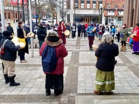 M'Wikwedong singers and drummers at the National Day of Remembrance and Action on Violence Against Women vigil Monday, Dec. 6, 2021 in Owen Sound, Ont. (Scott Dunn/The Sun Times/Postmedia Network)