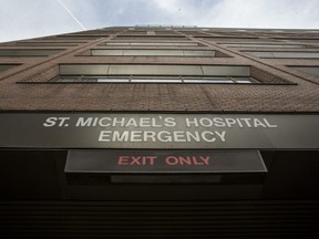 The emergency exit at St. Michael's Hospital in Toronto is pictured in this Aug. 14, 2016 file photo.