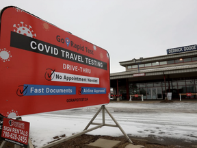 The former Calgary Trail Derrick Dodge car dealership location has been turned into a drive thru COVID-19 travel testing business on Wednesday, Dec. 1, 2021. The Go Rapid Test is located at 6311 104 St. DAVID BLOOM /Postmedia