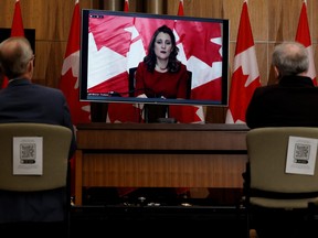 Deputy Prime Minister and Minister of Finance Chrystia Freeland virtually takes part in a news conference before tabling the government's economic and fiscal update in Ottawa, Dec. 14, 2021.