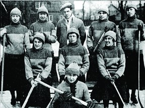 The women in this 1904 photograph are from Coben and area, a community just to the west of Forester’s Falls. Forester’s Falls is celebrated for the success of both its hockey and baseball teams and while the men’s teams are best remembered, there may well have been women playing as well