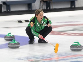 Team Saskatchewan skip Sherry Anderson calling a shot home in the eighth end. Team Anderson picked up a 10-4 victory over Team B.C. at the Canadian Seniors Curling Championships at the Community First Curling Centre on Saturday evening.