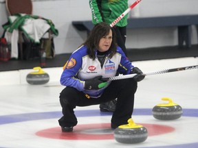 Team B.C. skip Mary-Anne Arsenault in action against Team Saskatchewan in the women's final of the Canadian Seniors Curling Championship at the Community First Curling Centre on Saturday afternoon. Team B.C. dropped an 10-4 decision to skip Kerry Anderson and her Saskatchewan rink.