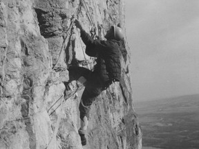 Don Vockeroth on the original start to The Bowl on Yamnuska. Photo the Whyte Museum of the Canadian Rockies.