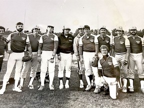 The South Hastings Baseball League is reeling after the death of its president, John 'Bat' Masterson this week. Pictured is the 1984 Foxboro IGA he played on. Pictured (from left) are Gary Stapley, Rick Meagher, Glenn Carleton, John Masterson, Peter Hall, John Pepper Dale Bamber, Bruce Bell, Bob Reid, Reg Abrams, Steve Heffernan, Jeff Moore and kneeling is Craig Bakay.