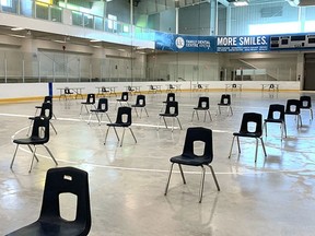 Chairs await clients in the Family Dental Centre Arena at the Quinte Sports and Wellness Centre. The arena is again to be the home of Belleville's COVID-19 mass-vaccination clinic.