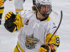 Trenton Golden Hawk Sam D'Amico was all smiles as he celebrated his first OJHL goal during the first period at the Cobourg Community Centre last week. Amy Deroche / OJHL Images