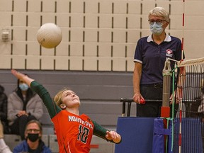 Taylor Legg of North Park Collegiate goes up to spike the ball during a senior girls volleyball game against Assumption College on Thursday.