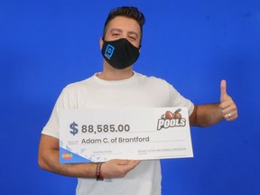 Adam Conti of Brantford picked up a cheque for $88,585 from playing OLG's POOLS sports lottery. Less than two weeks ago, Conti won $90,455 in the same lottery. OLG PHOTO