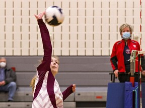 Kendra Spelde of the Pauline Johnson Thunderbirds spikes the ball during a high school senior girls volleyball match against the Assumption Lions on Thursday.