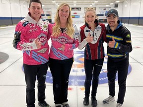 The teams of Colin Hodgson (left) and Chelea Cary and Laurie St-Georges and Felix Asselin earned berths in the Canadian Mixed Doubles Olympic Curling Trials after making it the finals Sunday of the Cooper Equipment Mixed Doubles Curling Classic in Brantford.