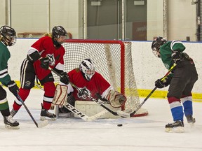 Hadley Shannon (right) of the St. John's Eagles vies for control of the puck with Sadie Oliver of the Paris Panthers, in front of goalie Hannah Boer during a high school girls hockey game on Wednesday at the Brant Sports Complex in Paris.