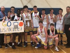 Ange-Gabriel's junior boys basketball team wins the Leeds Grenville A championship in Feb. 2020. The 2021-2022 regular season opened earlier this month, but this week's games were postponed because of a surge in COVID-19 cases. File photo/The Recorder and Times