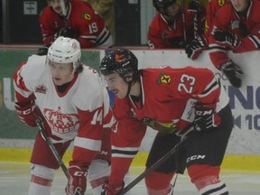 Max Martin (left) of Pembroke and Ryan Bonfield of Brockville  get set for a faceoff in the Lumber Kings-Braves game on Friday night. Bonfield picked up two assists and was named second star in Brockville's 4-2 win at home. He then scored twice and was named first star in the Braves' 5-4 win in Pembroke Sunday night.
Tim Ruhnke/The Recorder and Times