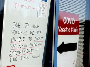 A sign at Brockville's COVID-19 vaccination clinic on Sunday afternoon, Dec. 12, warns the public that walk-in appointments are no longer available. (RONALD ZAJAC/The Recorder and Times)