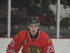 Ryan Bonfield, shown here on home ice against Smiths Falls in November, scored a natural hat trick for the Braves in Brockville's 5-2 win over the Bears on Sunday afternoon. File photo/The Recorder and Times