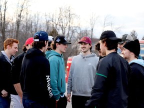 Brockville players line up after being introduced individually at the start of the Braves' home-opener against the Ottawa Jr. Senators on Sept. 24, 2021. File photo/The Recorder and Times