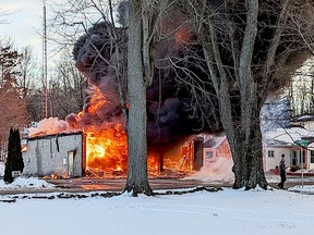 The three-bay firehall in Portland has been destroyed by a fire that broke out on Tuesday afternoon. (SUBMITTED PHOTO BY LORAH JENSEN)