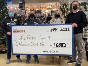 All Points Charitable Fund recently received a donation of over $6,000 from Murray's RONA in Goderich as part of the annual Lowe's Canada Heroes campaign. Pictured from left are Bob Rhynard and Doug Kuepfer from RONA and Hilary Marshall and Brian Hesse with All Points Charitable Fund. Handout