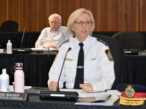 Cornwall Chief of Police Shawna Spowart discussed the 2022 CPS budget during a CPS Board meeting. City of Cornwall accounting manager and deputy treasurer Paul Scrimshaw listened in the background on Thursday December 2, 2021 in Cornwall, Ont. Shawna O'Neill/Cornwall Standard-Freeholder/Postmedia Network