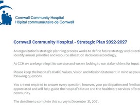 The online Cornwall Community Hospital (CCH) 2022-2027 Strategic Plan survey. Handout/Cornwall Standard-Freeholder/Postmedia Network