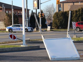 Some overturned signs in Cornwall. Photo on Sunday, December 12, 2021, in Cornwall, Ont. Todd Hambleton/Cornwall Standard-Freeholder/Postmedia Network