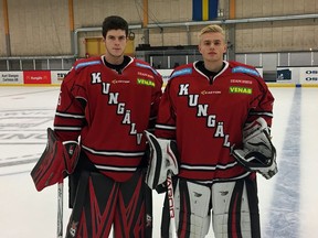 Tyler Fitzgerald, left, and his goaltending partner with Kungalv, Erik Andersson. Fitzgerald played the 2017-18 season in Sweden with a pair of teams. Handout/Cornwall Standard-Freeholder/Postmedia Network