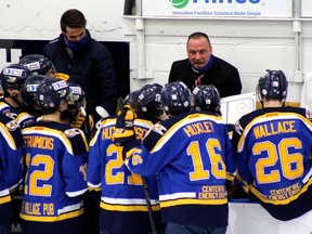 Head coach Adam Manah coaches his first game with the Fort McMurray Oil Barons against the Olds Grizzlys at Centerfire Place on Friday, December 10, 2021. Laura Beamish/Fort McMurray Today/Postmedia Network