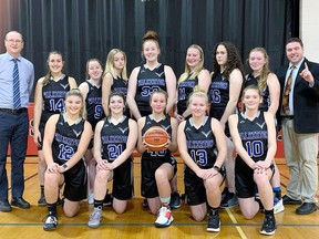 Walkerton District Community School Riverhawks senior girls basketball team members include, back left, coach Kevin Matheson, Erika McLaren, Marlie Pegelo, Sarah Waddell, Lillian Ernewein, Claire Yates, Hayley Ewing, Kinsley Cobean and coach Vince Yenssen. Front left are Brooklynn Graul, Trinity Whitehead, Eryka Mountain, Emma Matheson and Sam Oestricher. Missing from photo are Bridgette Barger and Rachel Holliday.
