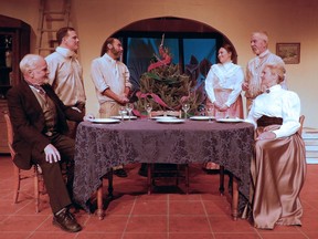 Cast members, from left, Phil Perrin, Paul Butler, Douglas Connors, Kimberly Dolan, Gary Helmkay and Julia Moore in Domino Theatre's "My Three Angels."
