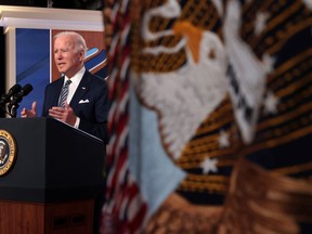 U.S. President Joe Biden delivers closing remarks for the White House's virtual Summit for Democracy in the Eisenhower Executive Office Building on Dec. 10 in Washington, D.C.