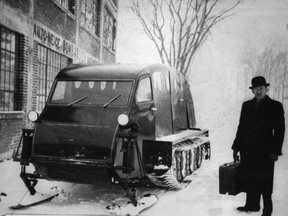 Inventor of the snowmobile, J. Armand Bombardier, with the snowmobile made in 1942 for the Canadian Army. The military version of the vehicle was made to transport 12 passengers.