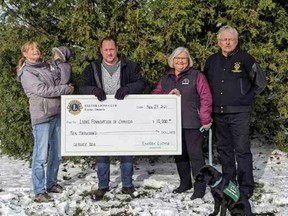 The Exeter Lions Club recenlty donated $10,000 to the Lions Foundation of Canada to sponsor a service dog in the Dog Guides program. This is the third dog the Exeter Lions have sponsored in the last couple of years. Pictured from left are dog foster Cheryl Bowman (holding her granddaughter), Exeter Lions Chris Keller and Diane and Bill Carson with Picco, who is in the training program.