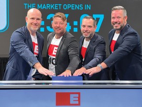 Photo supplied
Chris Whitehead, Ryan O’Conner (co-founder), Kyle Orland (nephew and president of eDealer), Shane Hambly (VP of sales for eDealer) at the launch of eAutomotive Inc. on the Toronto Stock Exchange last month.