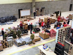 An image captured by a drone in 2021 shows volunteers packing Christmas hampers, Wednesday morning, at the Canadore College Commerce Court Campus.
The North Bay Santa Fund has kicked off its 75th campaign this Christmas to assist 600 families or 2000 North Bay residents, including 1,200 children.