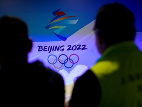 The emblem for the Beijing 2022 Winter Olympics is displayed at the Shanghai Sports Museum in Shanghai, China.