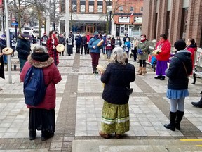 M'Wikwedong singers and drummers at the National Day of Remembrance and Action on Violence Against Women vigil in Owen Sound in 2021. (Scott Dunn/The Sun Times/Postmedia Network)