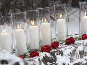 Roses were placed and candles burned bright in memory of the 14 female engineering students gunned down by an antifeminist at Montreal's L'Ecole Polytechnique in 1989 at the End Violence Against (EVA) Women Renfrew County's Dec. 6 vigil at the Women's Monument in Petawawa. Anthony Dixon