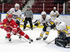 Pembroke Lumber Kings' captain Brady Egan stretches out as he makes the backhand shot on Carleton Place Canadians' goalie Joe Chambers during third period action at the PMC on Dec. 12. Chambers made the save but Egan beat him in the first as Pembroke won 5-3.