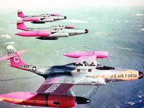Formation of three F-89s over Goose Bay, Labrador. USAF PHOTO