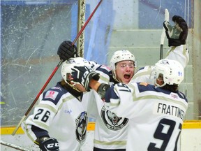 High scoring Dryden Ice Dogs celebrate a goal from one of their multiple victories this season. SIJHL.COM