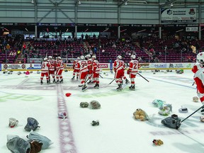 BEARING UP Sunday afternoon's Soo Greyhound and Saginaw Spirit hockey game featured the annual Teddy Bear Toss and Stuff-A-Bus event. It didn't take long for the Teddy Bears to rain down on the ice surface as Bryce McConnell-Barker scored in the first period to tie the hockey game. McConnell-Barker and his teammates gathered up all the Teddy Bears which will be donated toward the Christmas Cheer campaign. BOB DAVIES/SAULT THIS WEEK