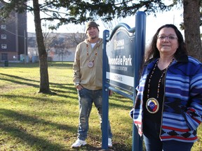 Bradley Stone and Deborah Munroe with the Sarnia-Lambton Native Friendship Centre stand at Sarnia's Avondale Park. Improvements to the park this year and next are helping create more space for centre programming. (Tyler Kula/ The Observer)
