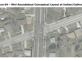 The conceptual layout for a mini roundabout at Indian Road and Cathcart Boulevard is shown in this City of Sarnia photo.