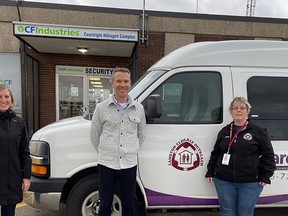 LEO transportation driver Stephanie Bright swings by CF Industries in Courtright, and shares information on the need for LEO services in the local community, funded by the United Way of Sarnia-Lambton. Greg Kennette, CF Industries GM and Davina Anderson, HR manager, present their final campaign totals while learning of the programs offered to nearby residents. CF Industries matched all employee contributions and as always ran a very successful employee campaign. United Way photo