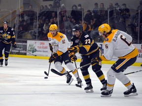 Spruce Grove Saints forward Nikola Jovanovic, centre #73, recently committed to the University of Notre Dame in Indiana. He will finish up his second year with the Saints and is expected to begin training with the team next summer. Kristine Jean/Postmedia Network