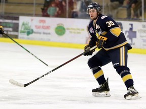 Jaden Senkoe follows the play during the Saints 6-3 win over the Fort McMurray Oil Barons this Past Weekend. Photo by the Spruce Grove Saints.