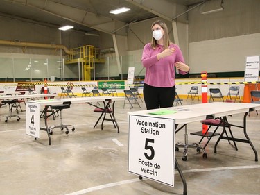 Karly McGibbon, public health nurse with Public Health Sudbury and Districts, gives a tour of Carmichael Arena where a COVID-19 immunization clinic was held for the first time in February. John Lappa/Sudbury Star